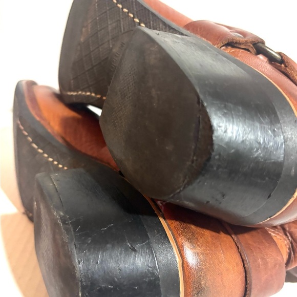 Frye Brown distressed Leather Western motorcycle ankle boots square toes soles - Picture 9 of 10